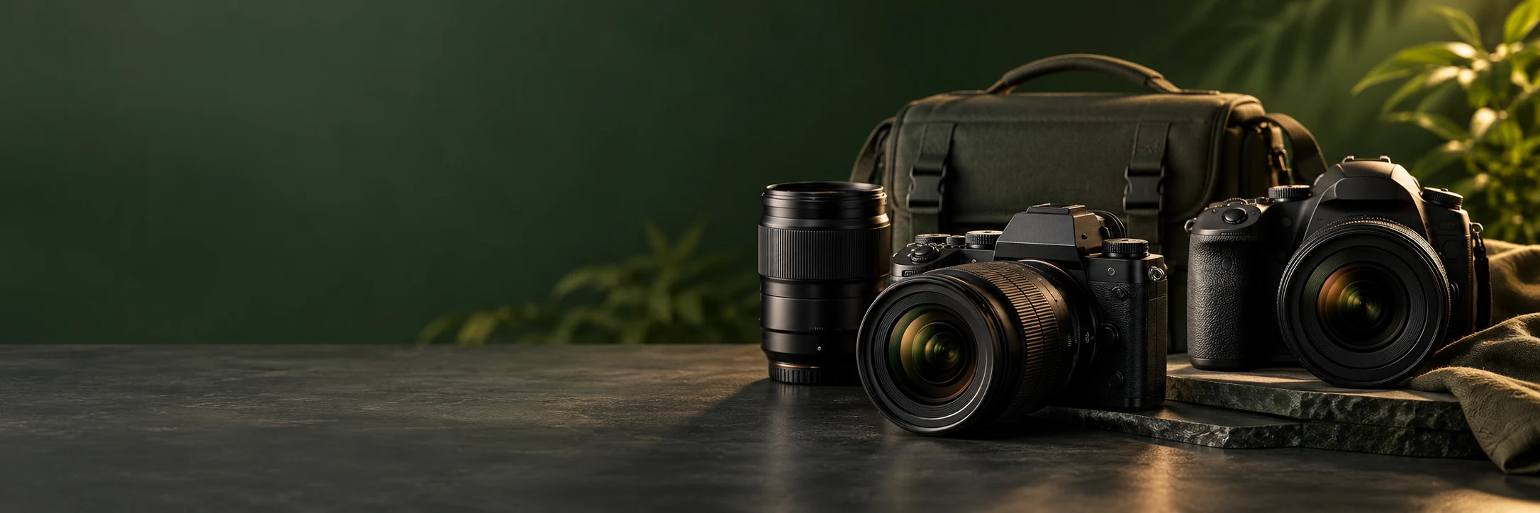 Camera equipment ready for a mountain landscape shoot