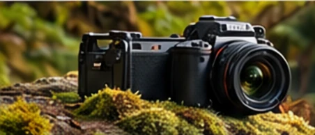 Mirrorless camera resting on moss in a forest